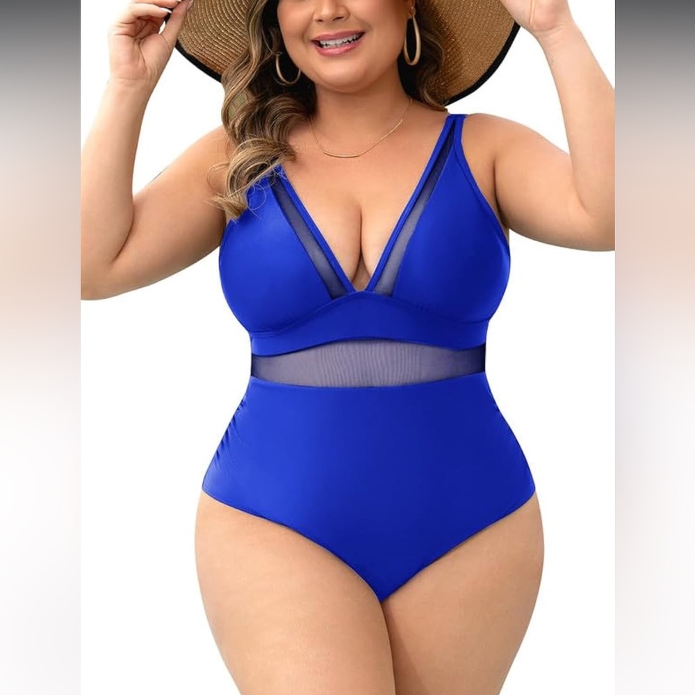 🚘Women's Blue Mesh One-Piece Swimsuit sexy tummy control push up high waisted